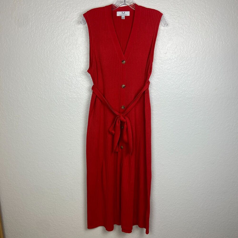 Magaschoni Red Sleeveless Ribbed Belted Faux Button Midi Dress XL